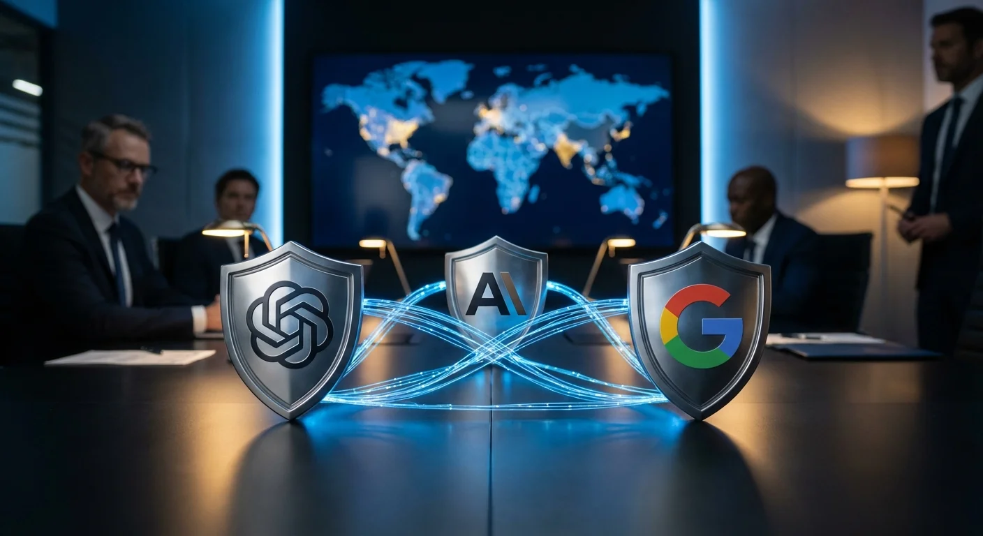 Logos OpenAI Anthropic et Google unis contre le clonage de modèles IA