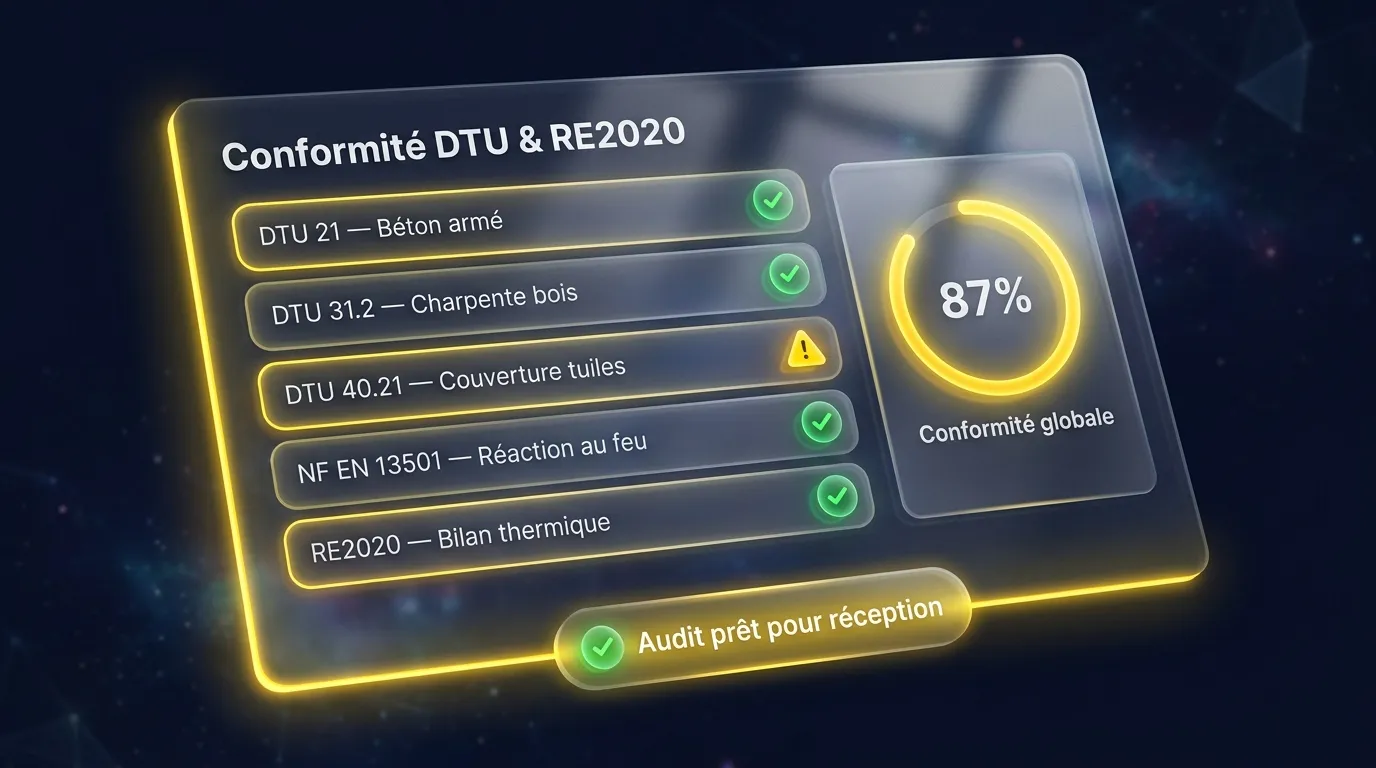 Conformité DTU, RE2020 et normes construction vérifiée par l'IA