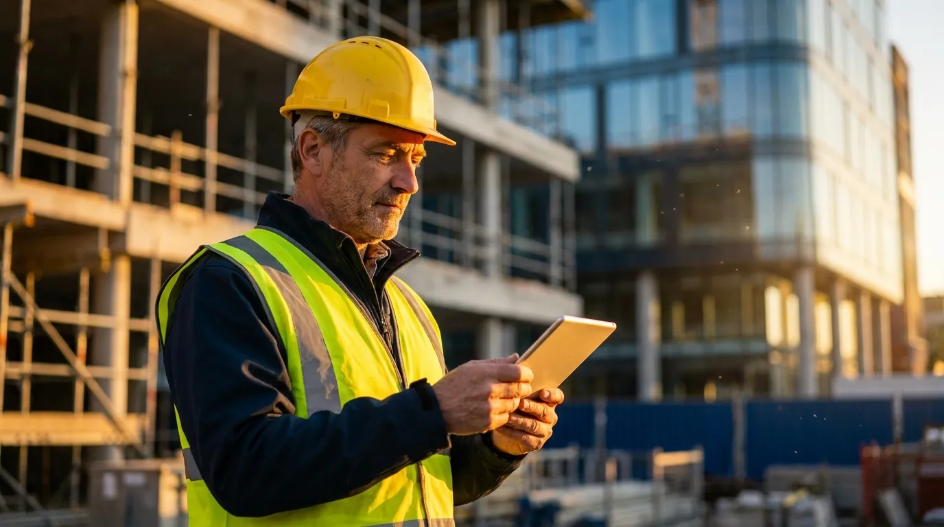 Chef de chantier en EPI jaune utilisant un agent IA sur tablette devant un bâtiment en construction au crépuscule
