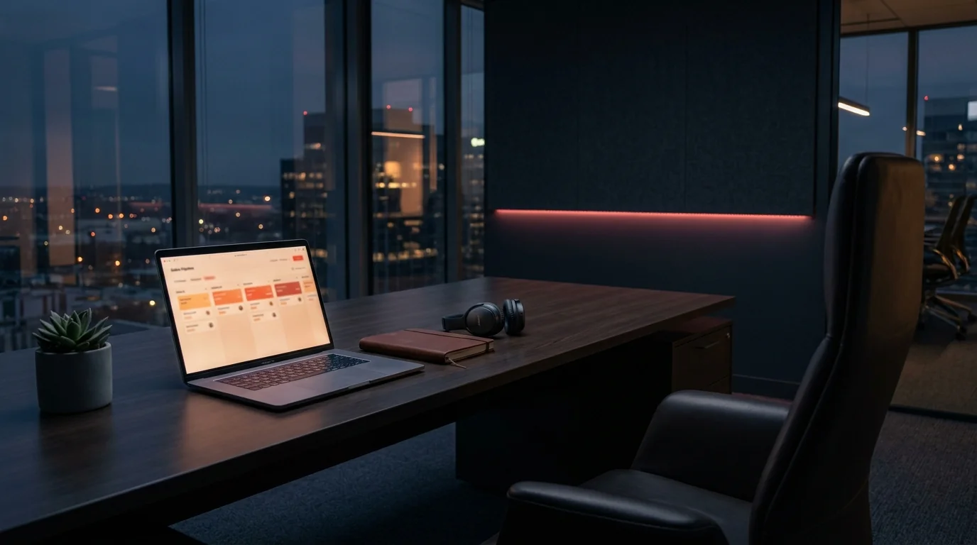 Bureau executive moderne au crépuscule, laptop avec pipeline commercial, accent rouge