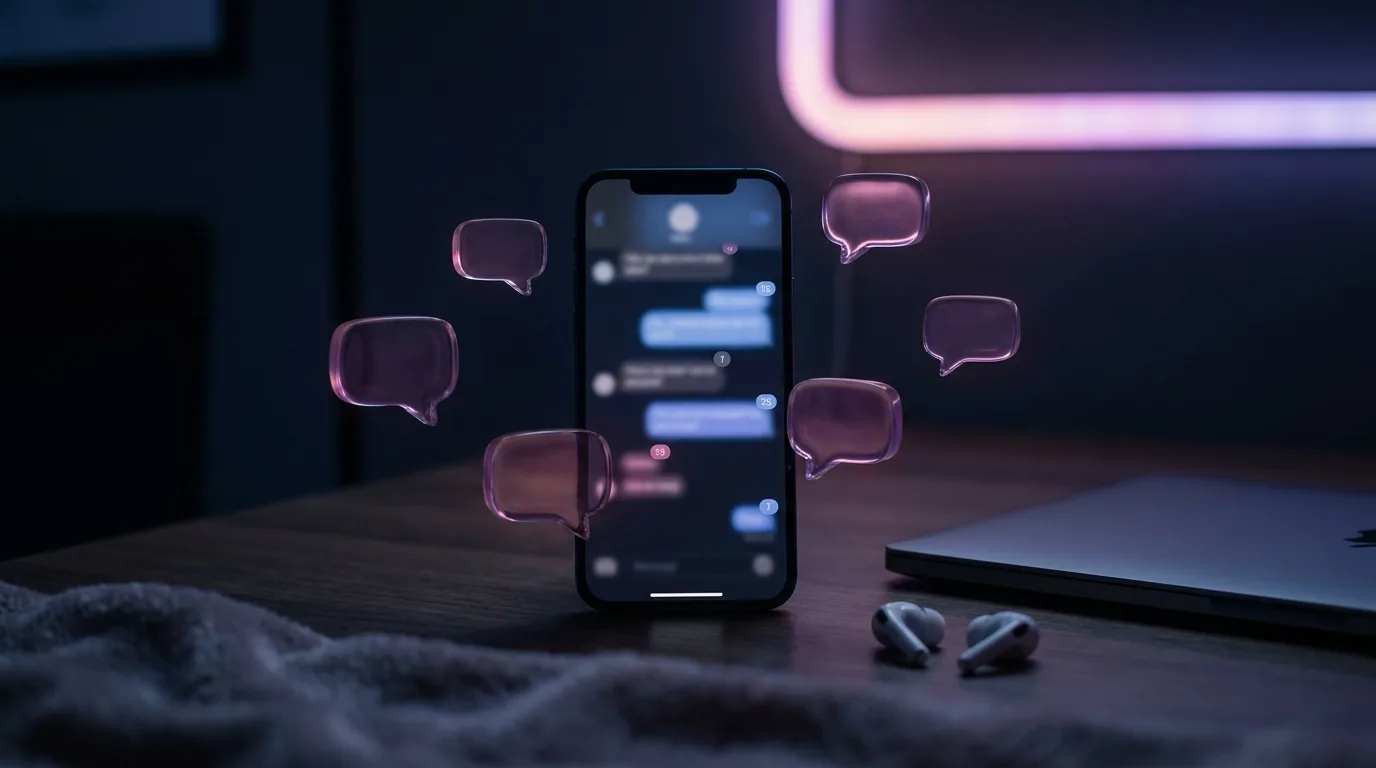 Smartphone avec bulles de messages flottantes, ambiance néon rose-magenta nocturne