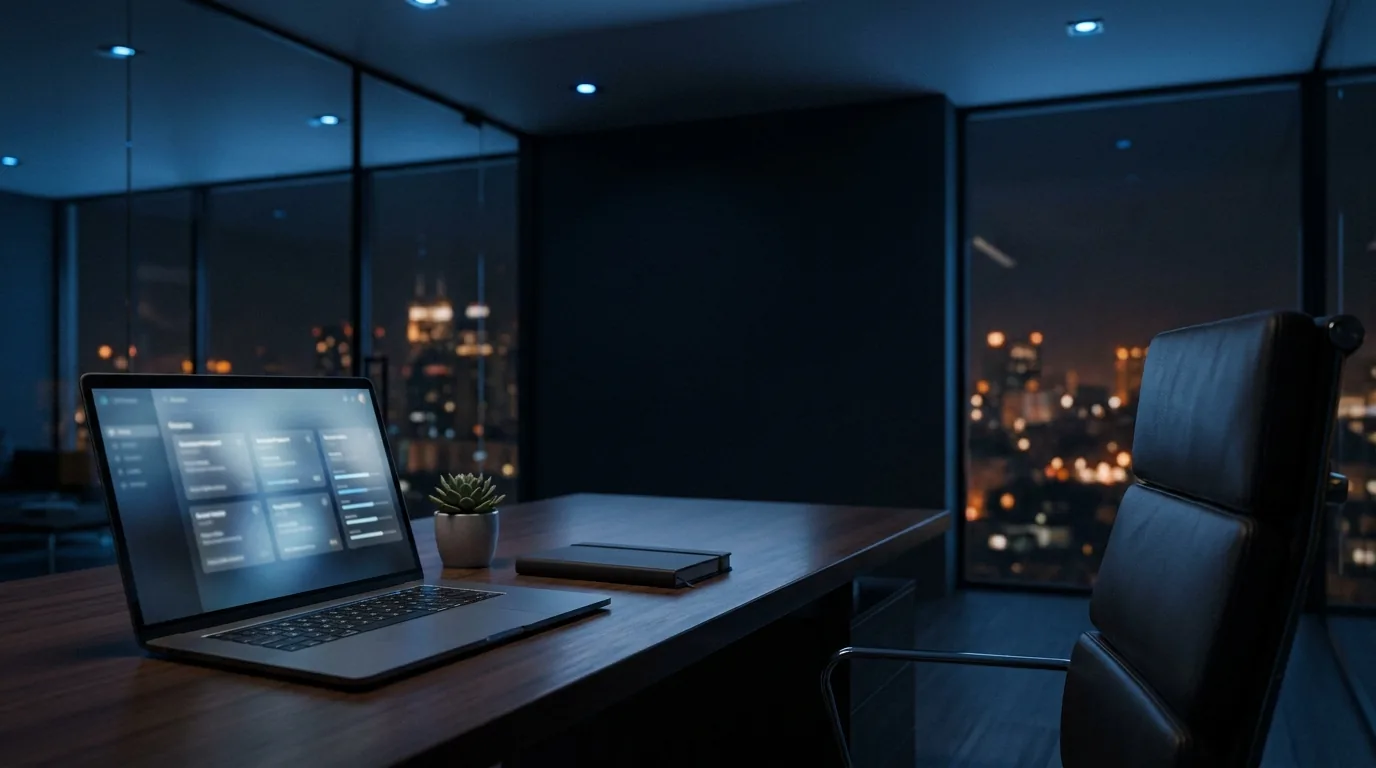 Bureau executive moderne au crépuscule, pipeline de prospection LinkedIn ouvert sur laptop