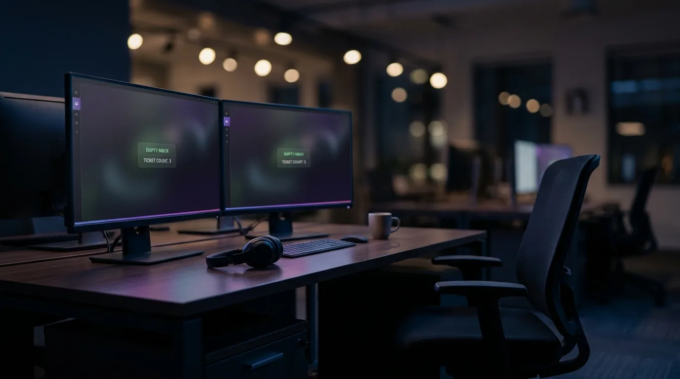 Espace de travail support client moderne et apaisé, inbox vide, ambiance nocturne