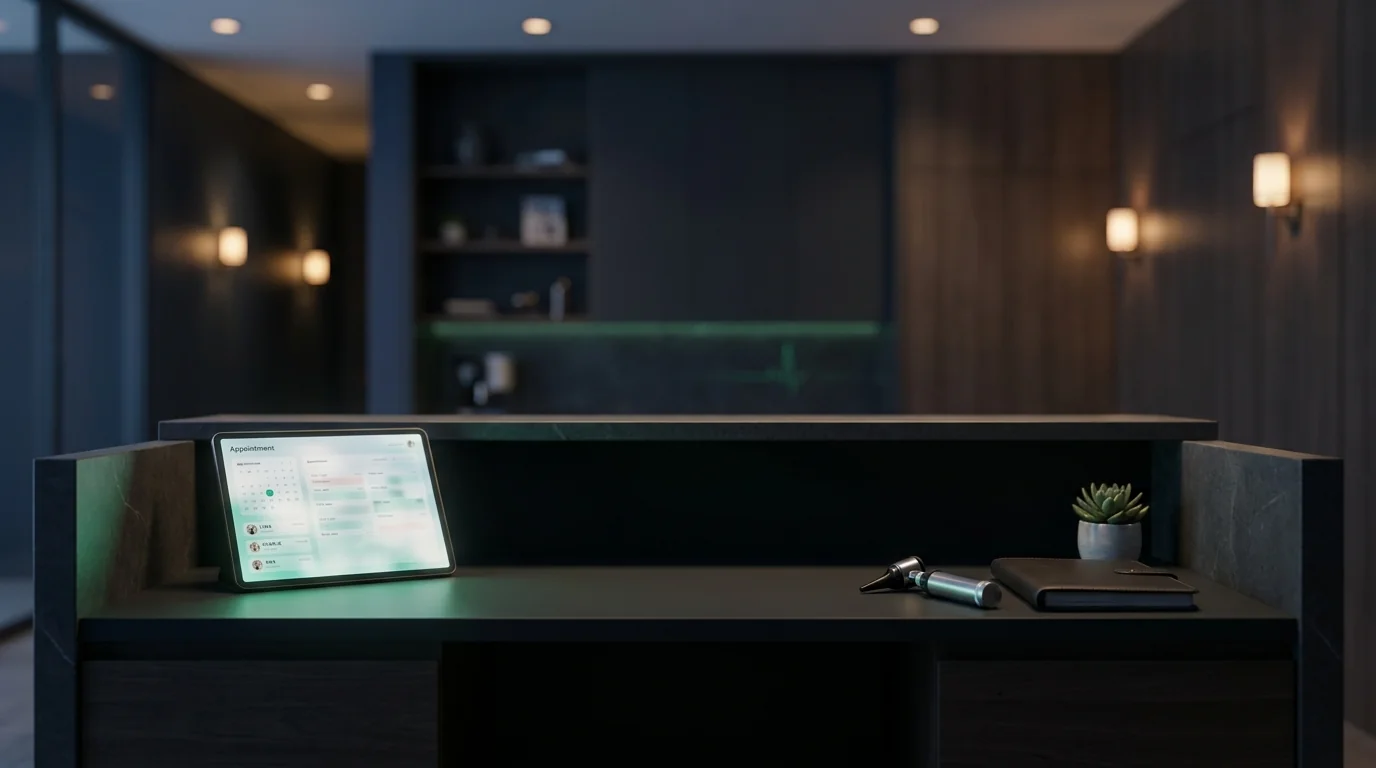 Comptoir d'accueil de clinique vétérinaire moderne au crépuscule, tablette agenda allumée, ambiance émeraude