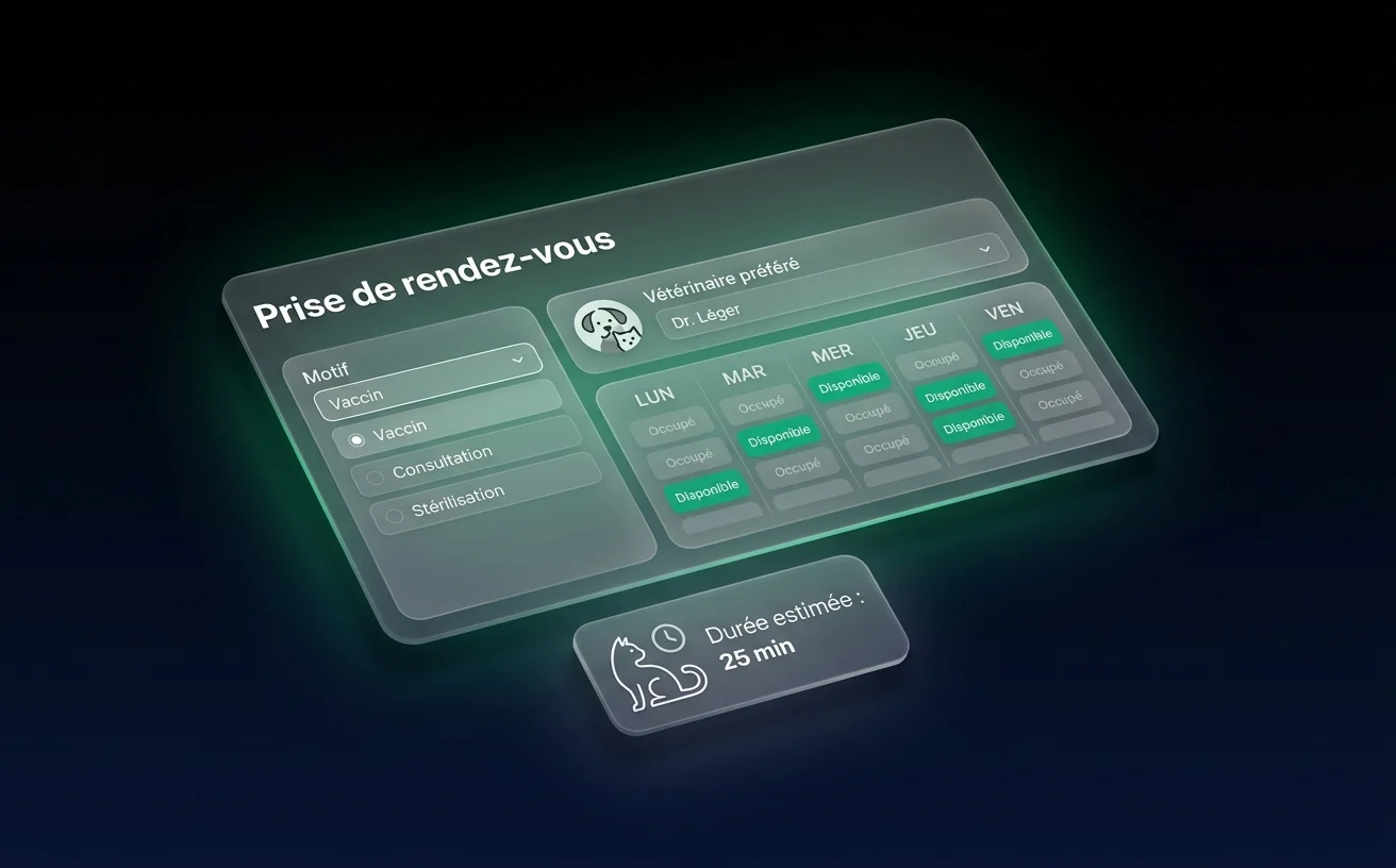 Interface de prise de rendez-vous vétérinaire avec motif et créneaux
