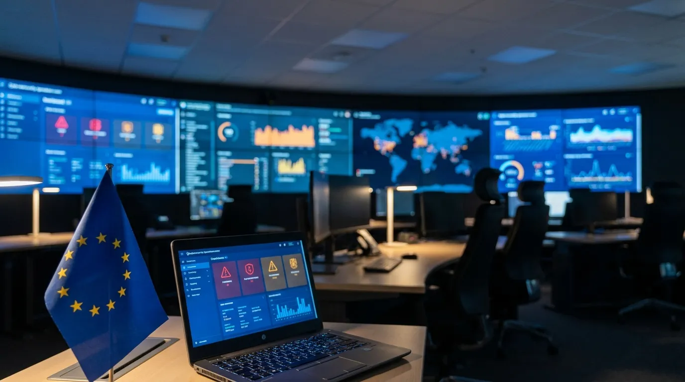 Centre de supervision cybersécurité européen avec drapeau européen