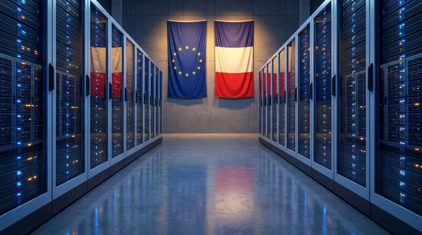 Drapeaux européen et français dans un data center souverain