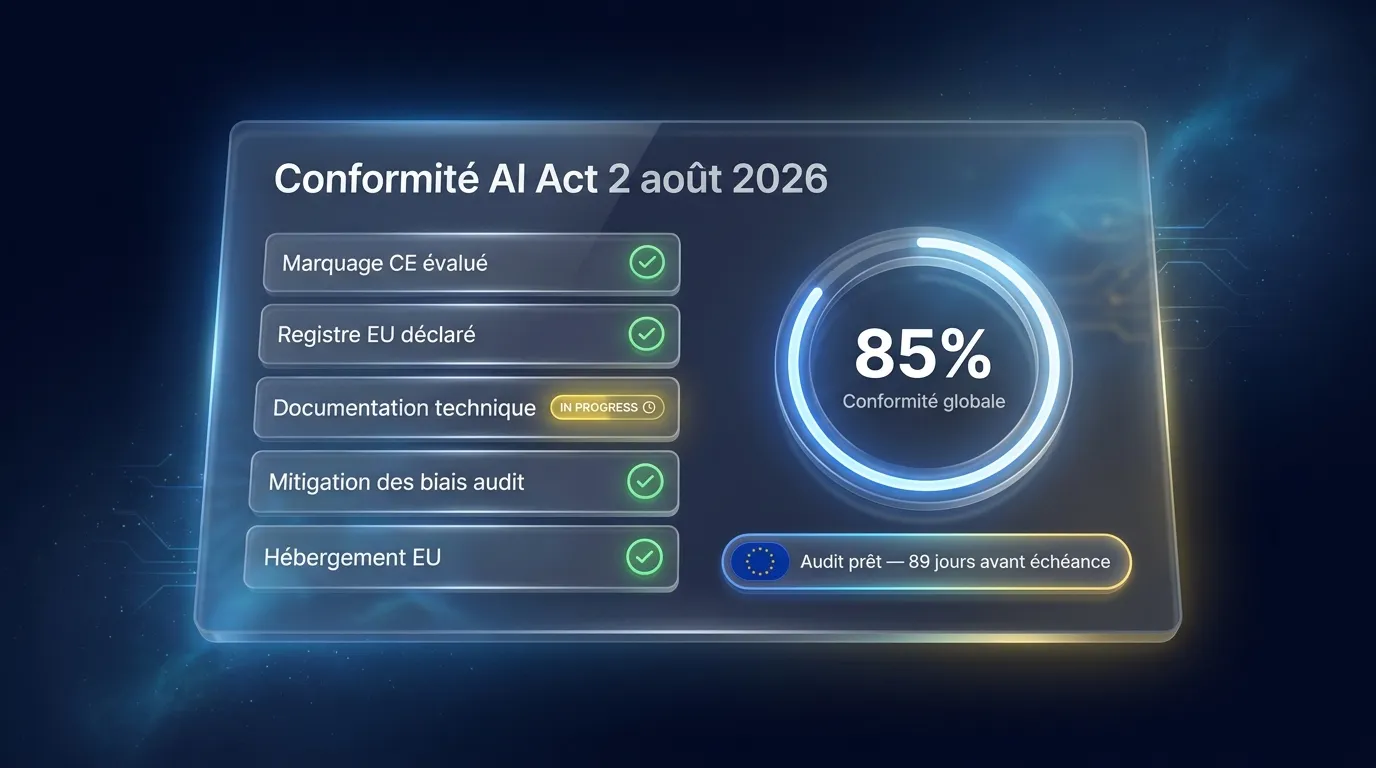 Tableau de bord conformité AI Act 2 août 2026 avec checklist et progression