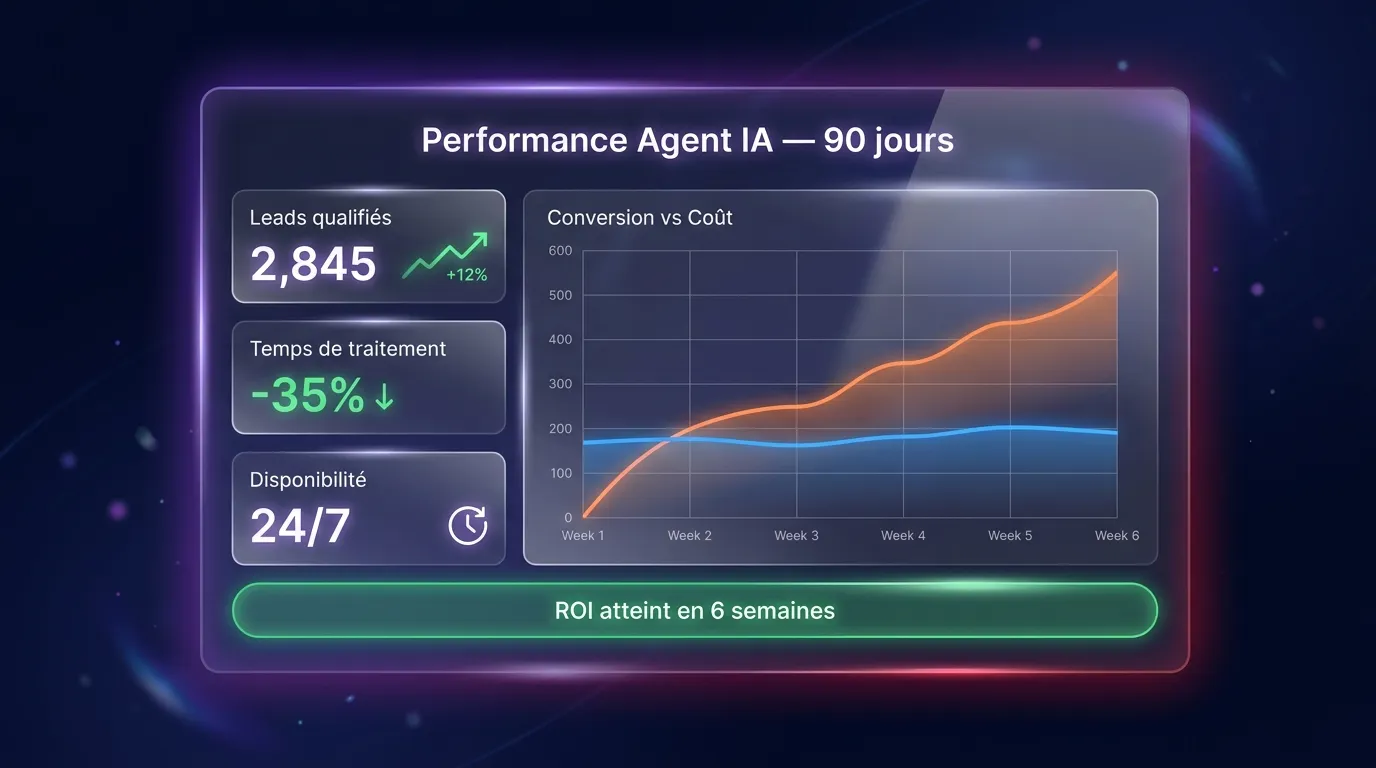 Dashboard performance agent IA 90 jours avec KPIs et ROI atteint en 6 semaines