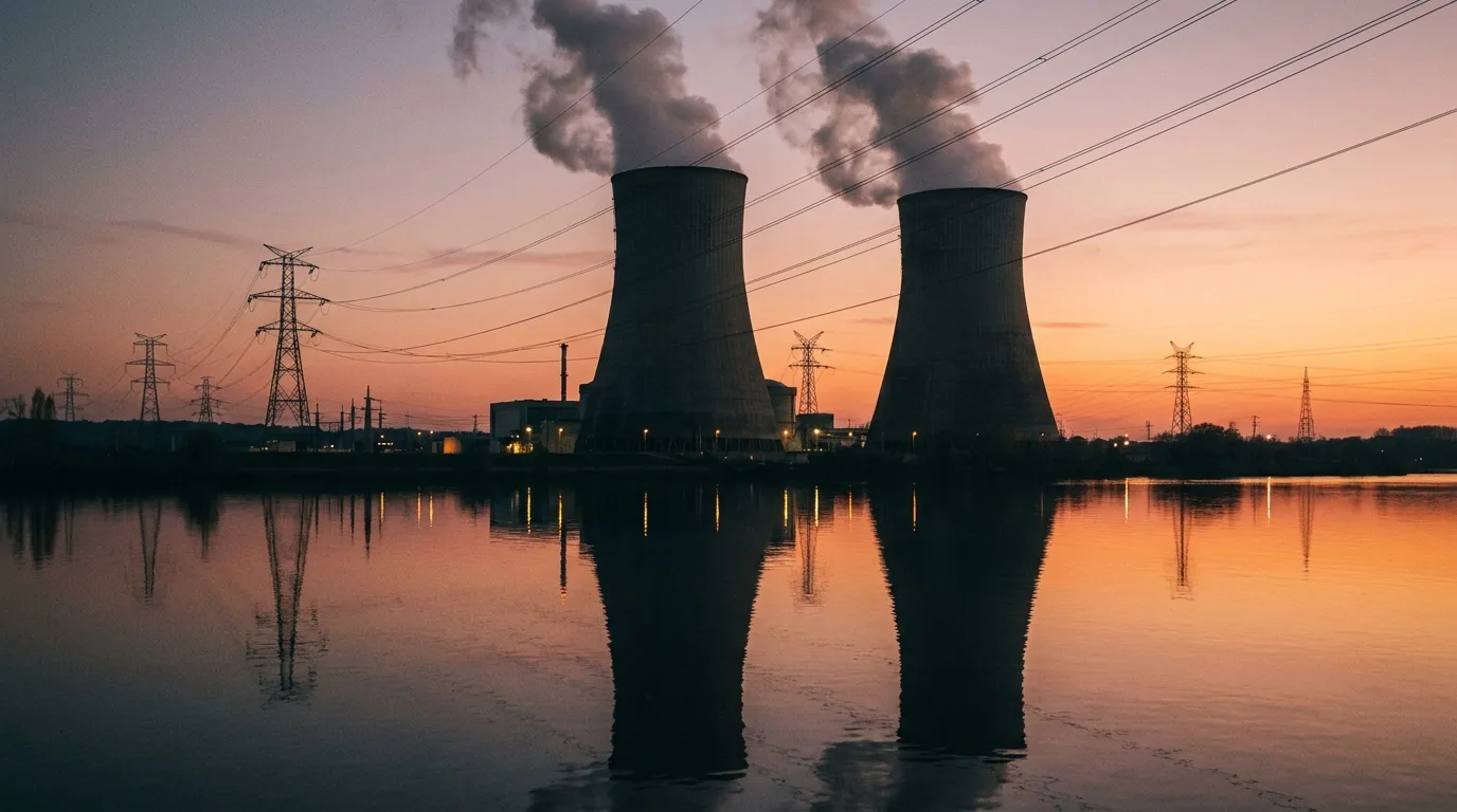 Centrale nucléaire française avec tours de refroidissement au coucher de soleil, lignes haute tension au premier plan