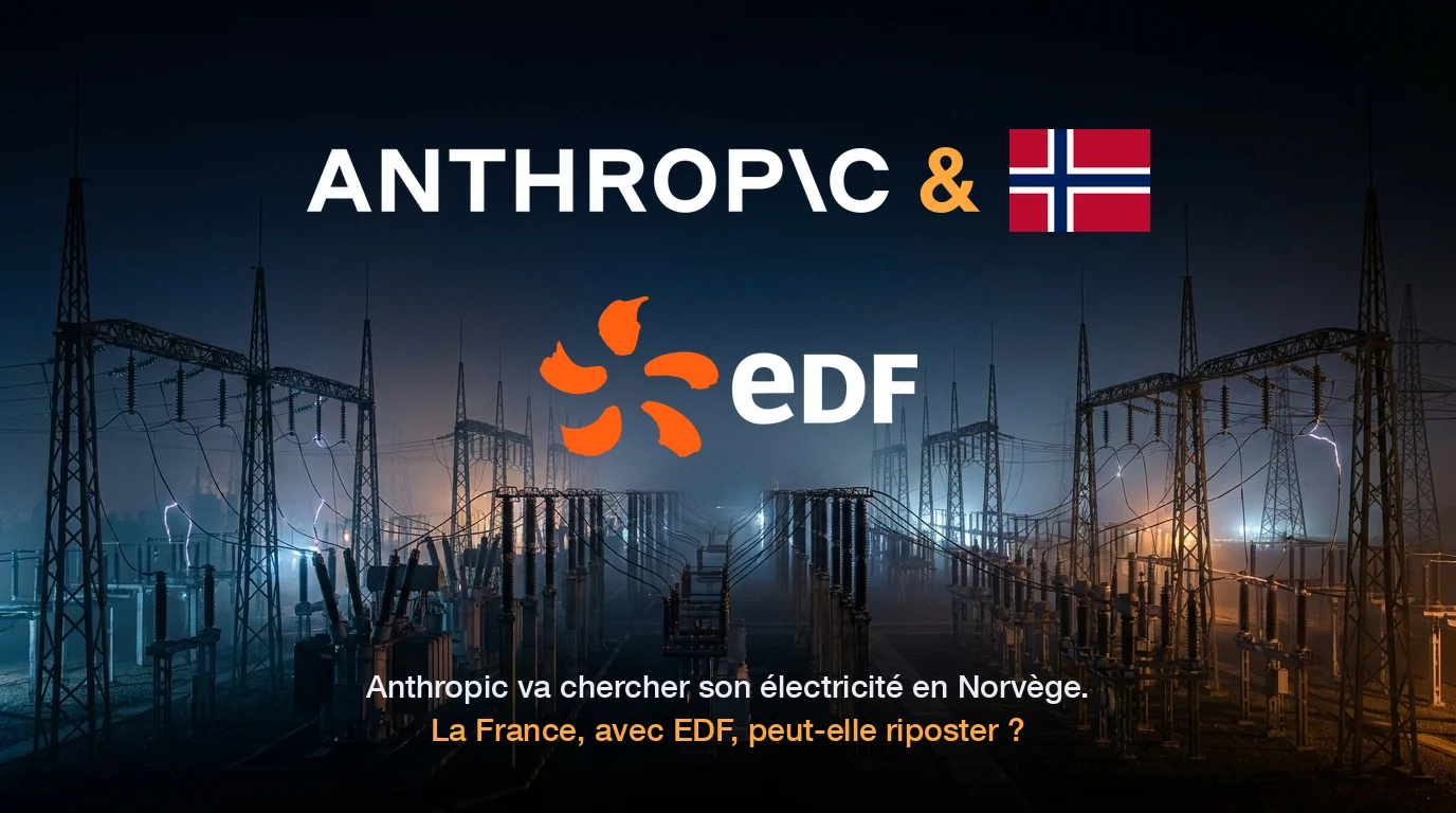 Logo Anthropic suivi du symbole & et du drapeau norvégien sur la ligne du haut, logo EDF en dessous, sur fond de poste électrique haute tension nocturne, avec la question : Anthropic va chercher son électricité en Norvège, la France avec EDF peut-elle riposter ?