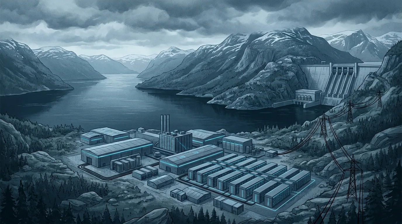 Datacenter hyperscale IA au bord d'un fjord norvégien avec barrage hydroélectrique en arrière-plan