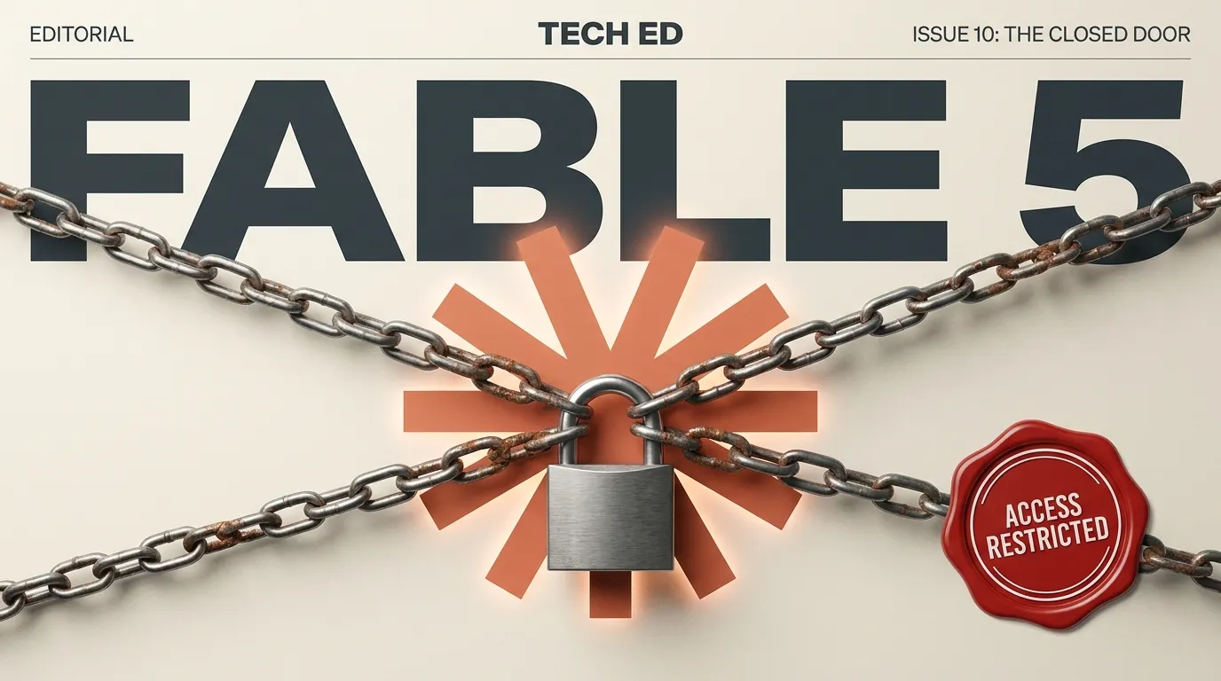 Couverture éditoriale Claude Fable 5 avec le logo Claude, un cadenas et des chaînes symbolisant l'accès fermé