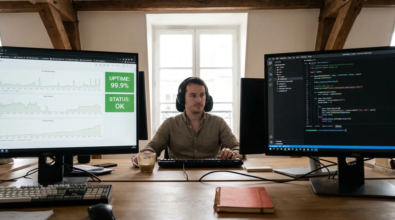 Développeur devant un tableau de bord de supervision affichant des indicateurs de disponibilité au vert, à côté d'un éditeur de code