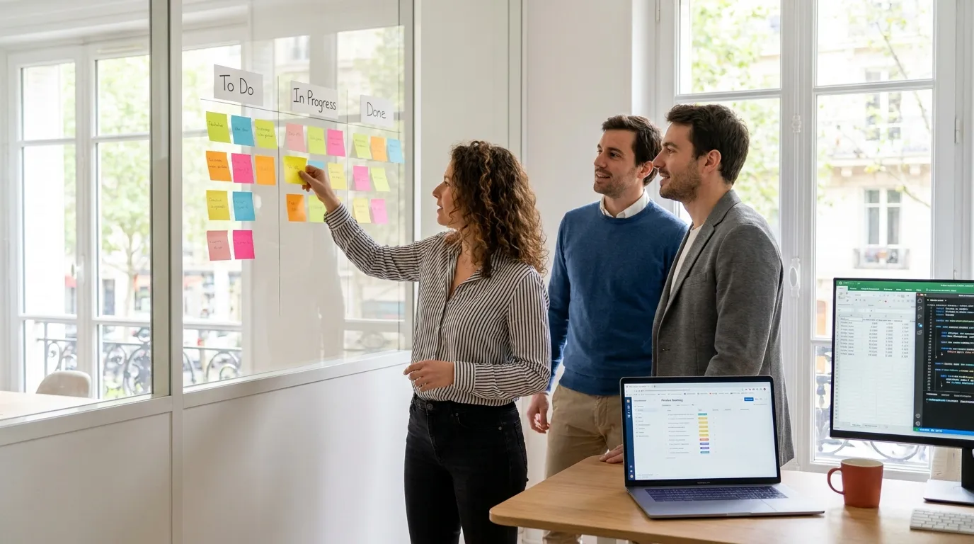 Session de priorisation : une équipe déplace des post-it entre trois colonnes pour arbitrer le périmètre d'un projet logiciel
