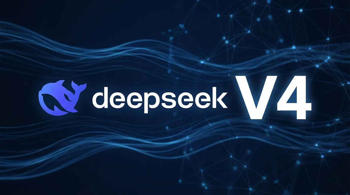 Logo DeepSeek (baleine indigo) à côté du wordmark deepseek et V4 sur fond bleu nuit
