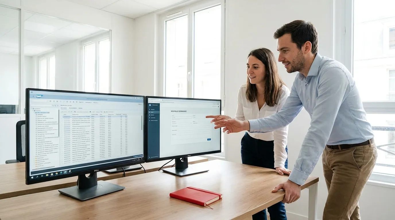 Comparaison entre un ERP standard chargé de menus inutilisés et un écran métier simplifié