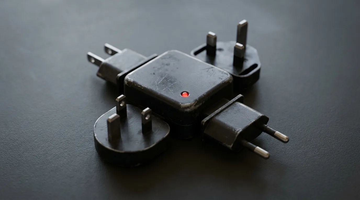 Un adaptateur de voyage universel avec ses quatre embouts interchangeables deployes autour du corps central