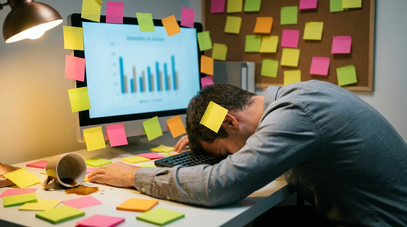 Un professionnel effondre le front sur son clavier, entoure d'une avalanche de post-it colores, un post-it colle a l'arriere de la tete