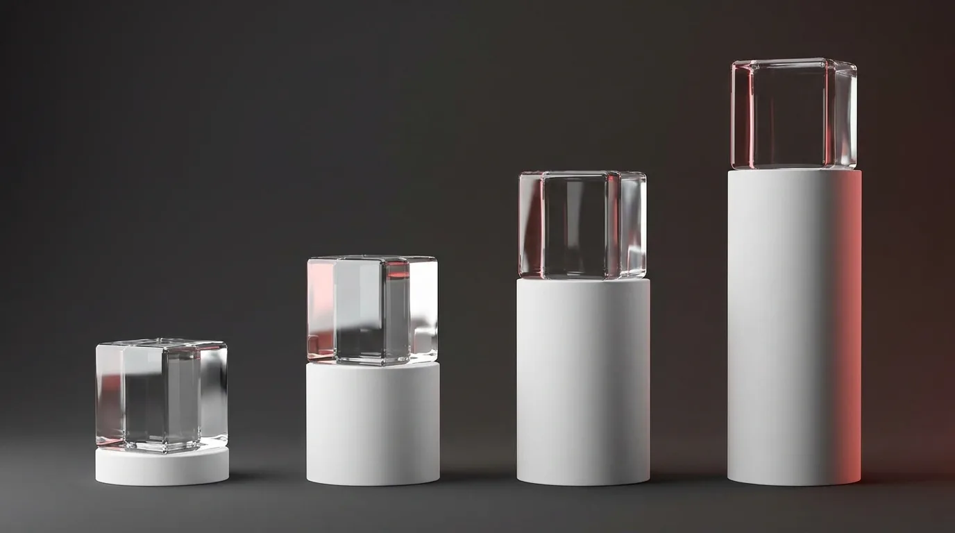 Quatre cubes de verre identiques poses sur des socles blancs de hauteurs tres differentes, sur fond gris studio