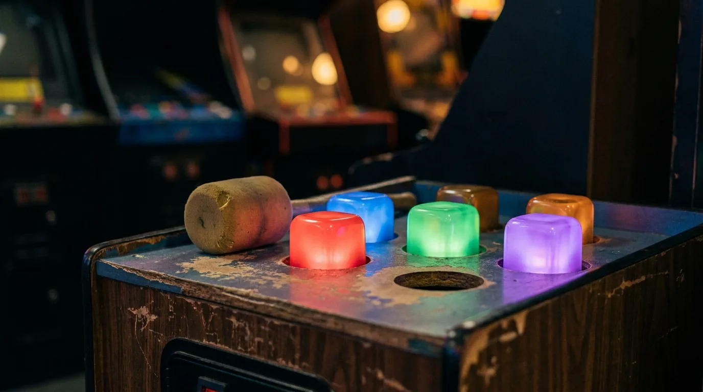 Machine d'arcade tape-taupe dont six cubes lumineux de couleurs differentes surgissent en meme temps, maillet abandonne sur le rebord