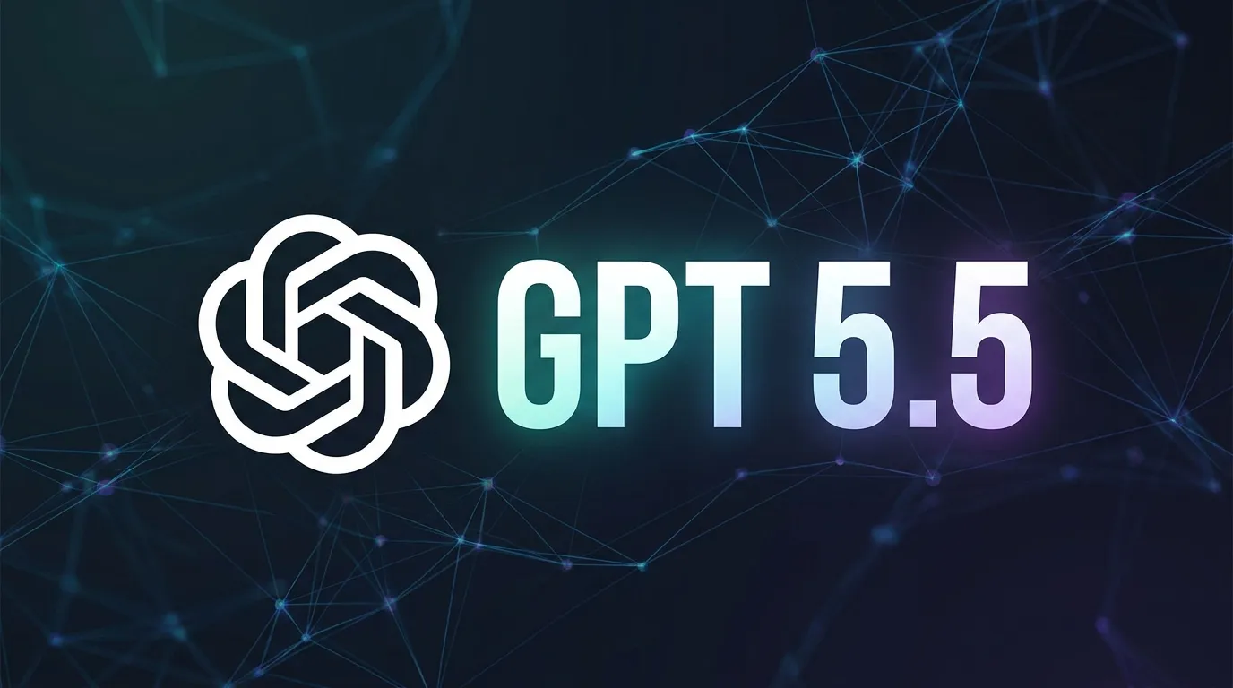 Logo OpenAI et titre GPT 5.5 sur fond bleu nuit avec réseau neuronal