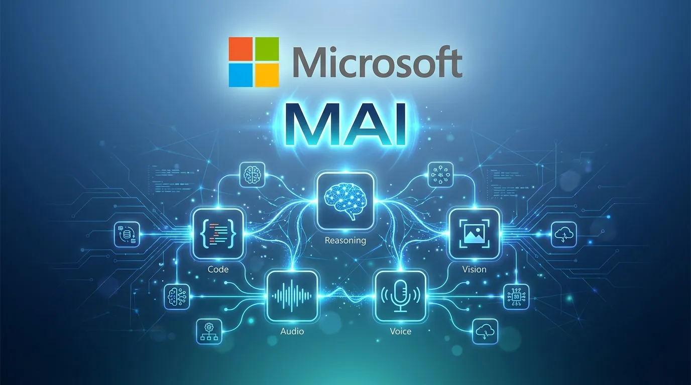Image de couverture : logos Microsoft et MAI avec la constellation des modèles IA maison (raisonnement, code, vision, audio, voix) présentés à Build 2026