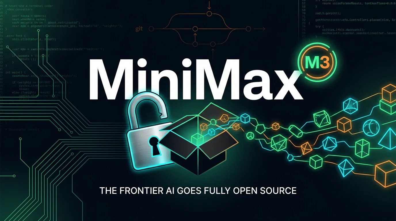 Image de couverture MiniMax M3 : logo MiniMax avec badge M3, cadenas ouvert et poids libérés, style open source