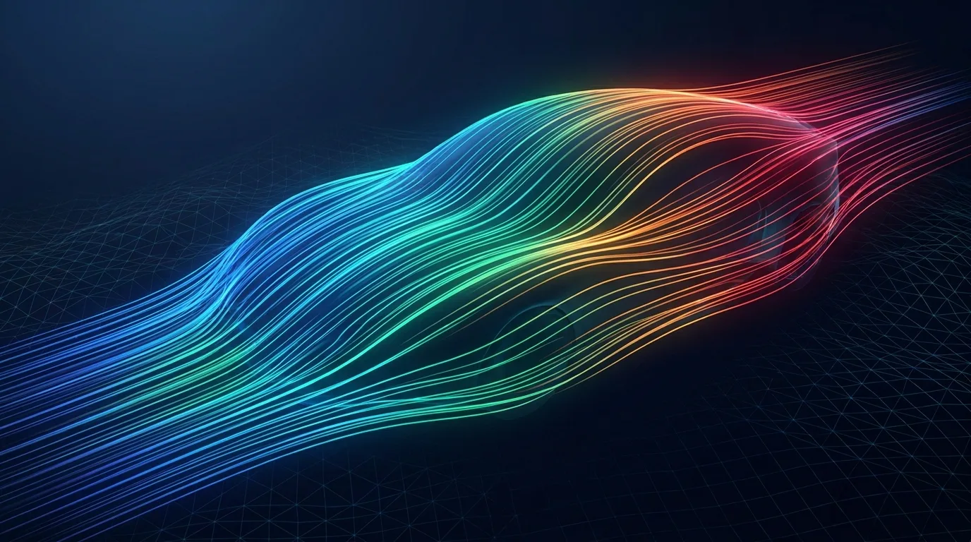 Simulation de dynamique des fluides avec streamlines colorées sur fond sombre