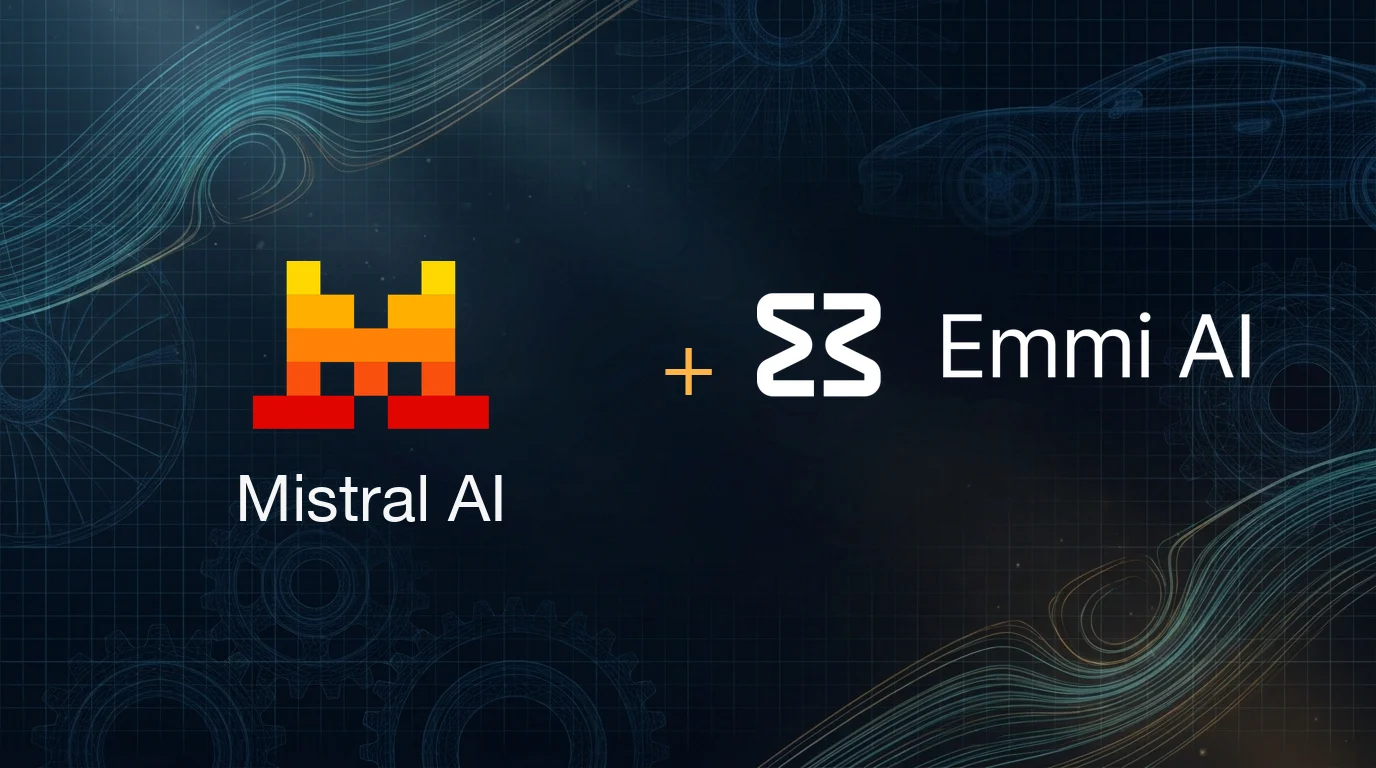 Logos officiels Mistral AI et Emmi AI côte à côte sur fond de simulation industrielle, illustration visuelle de l'acquisition