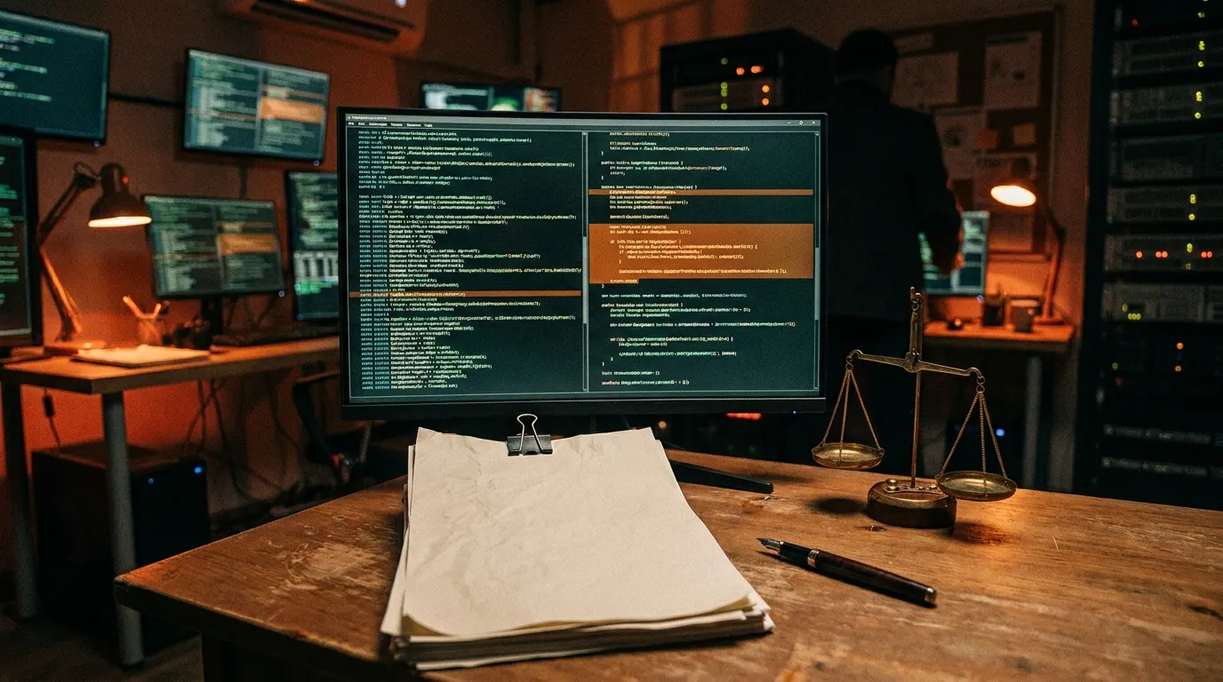 Un bureau de sécurité informatique de nuit, un écran affichant du code avec quelques lignes surlignées en orange, une balance de justice en laiton et une pile de feuilles sur le bureau