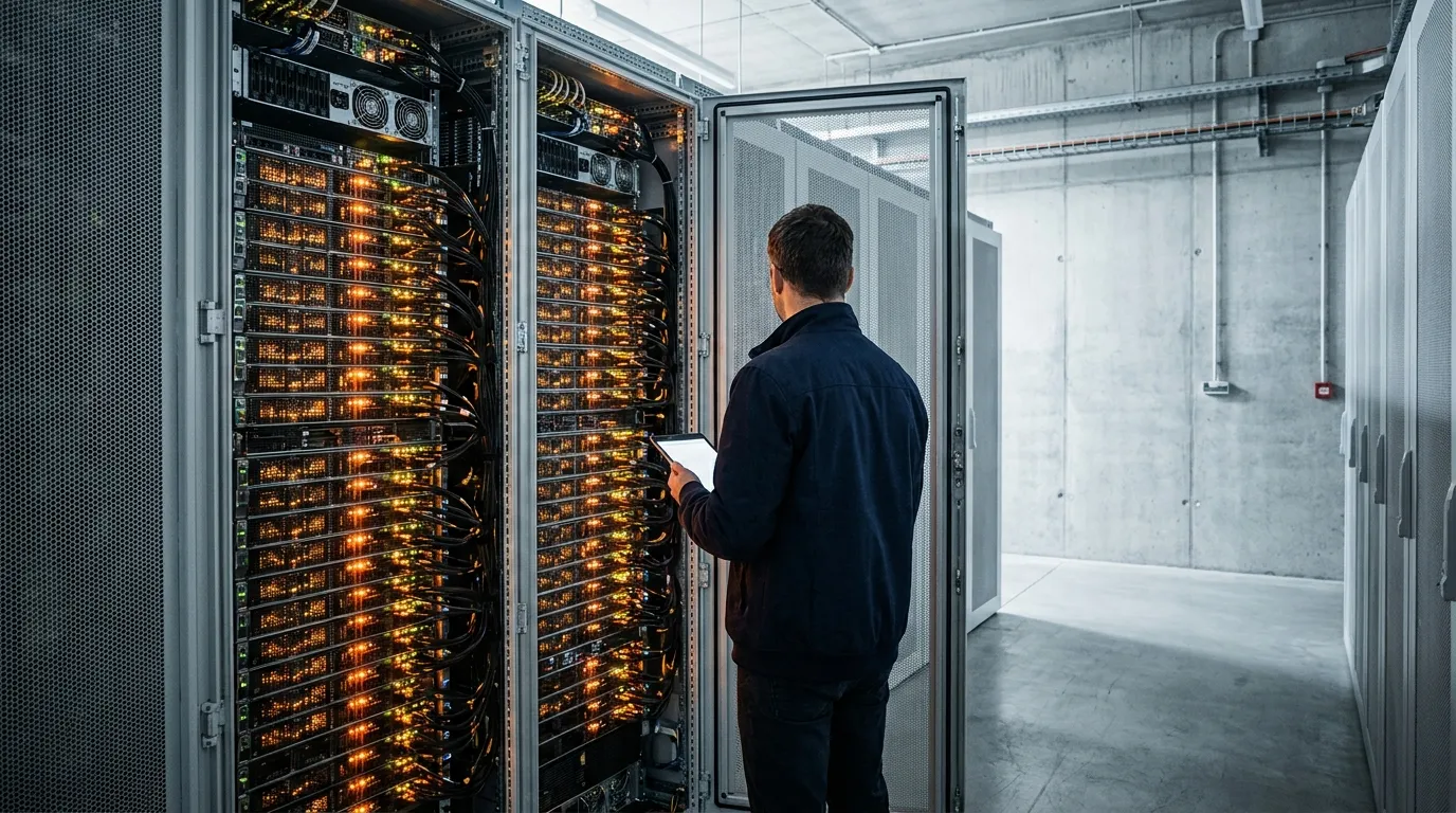 Un technicien vu de dos consulte une tablette devant une baie de serveurs GPU ouverte aux diodes orange, dans une salle serveur aux murs de béton