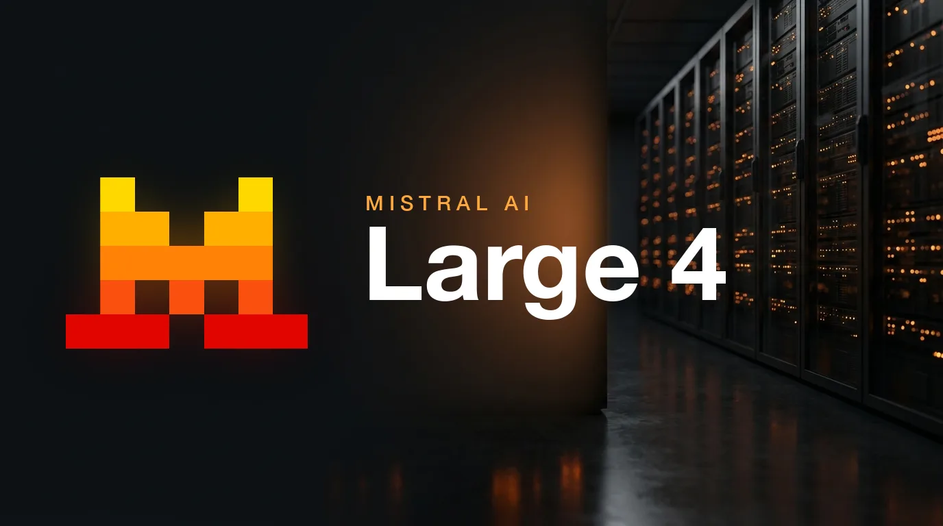 Logo pixelisé de Mistral AI à côté du texte Large 4, devant une allée de serveurs éclairée en orange