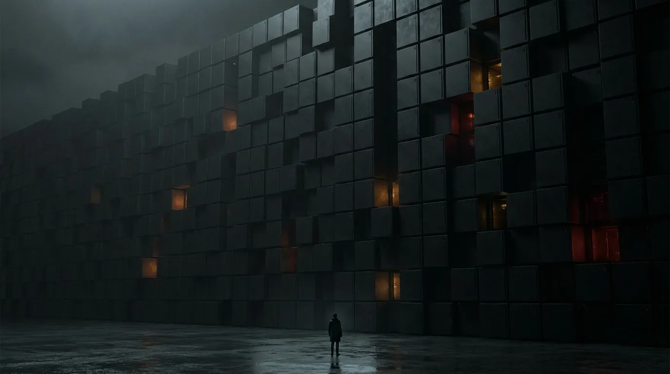 Un mur gigantesque de cubes noirs dont seuls quelques-uns s'illuminent en jaune, orange et rouge, avec une silhouette humaine minuscule au pied du mur