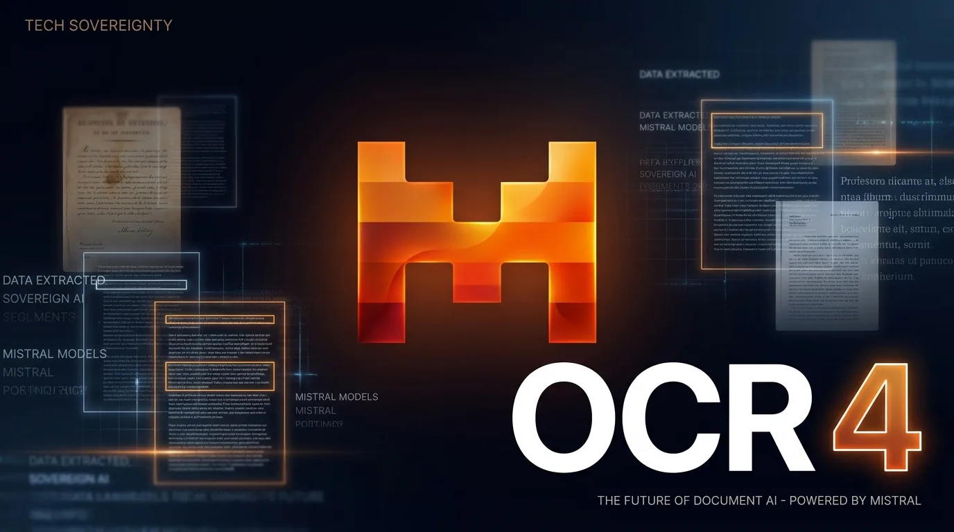 Logo Mistral et titre OCR 4 sur fond tech sombre, illustrant l'extraction documentaire souveraine