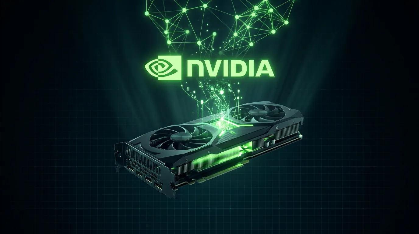 Logo NVIDIA au-dessus d'une carte graphique verte d'ou s'eleve un reseau neuronal