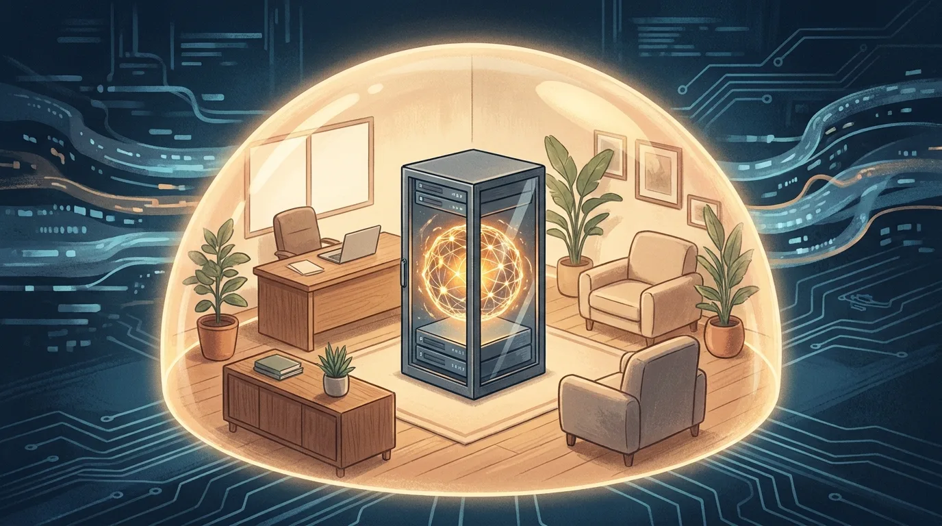 Baie de serveurs dans un bureau, protegee par un dome de lumiere que les flux de donnees exterieurs ne traversent pas