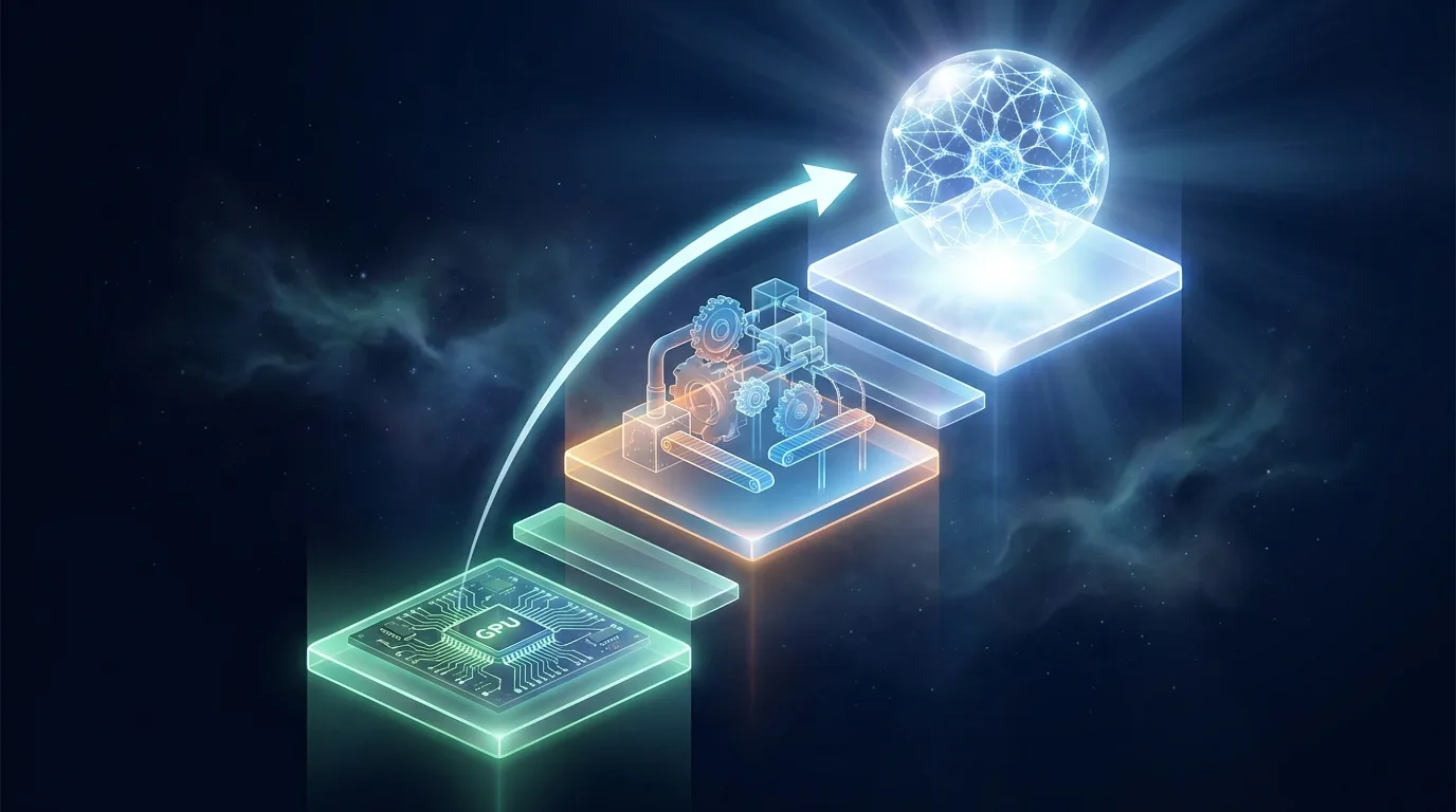 Chaine de valeur de l'IA en trois paliers, du GPU a la production du modele, gravie par une fleche lumineuse