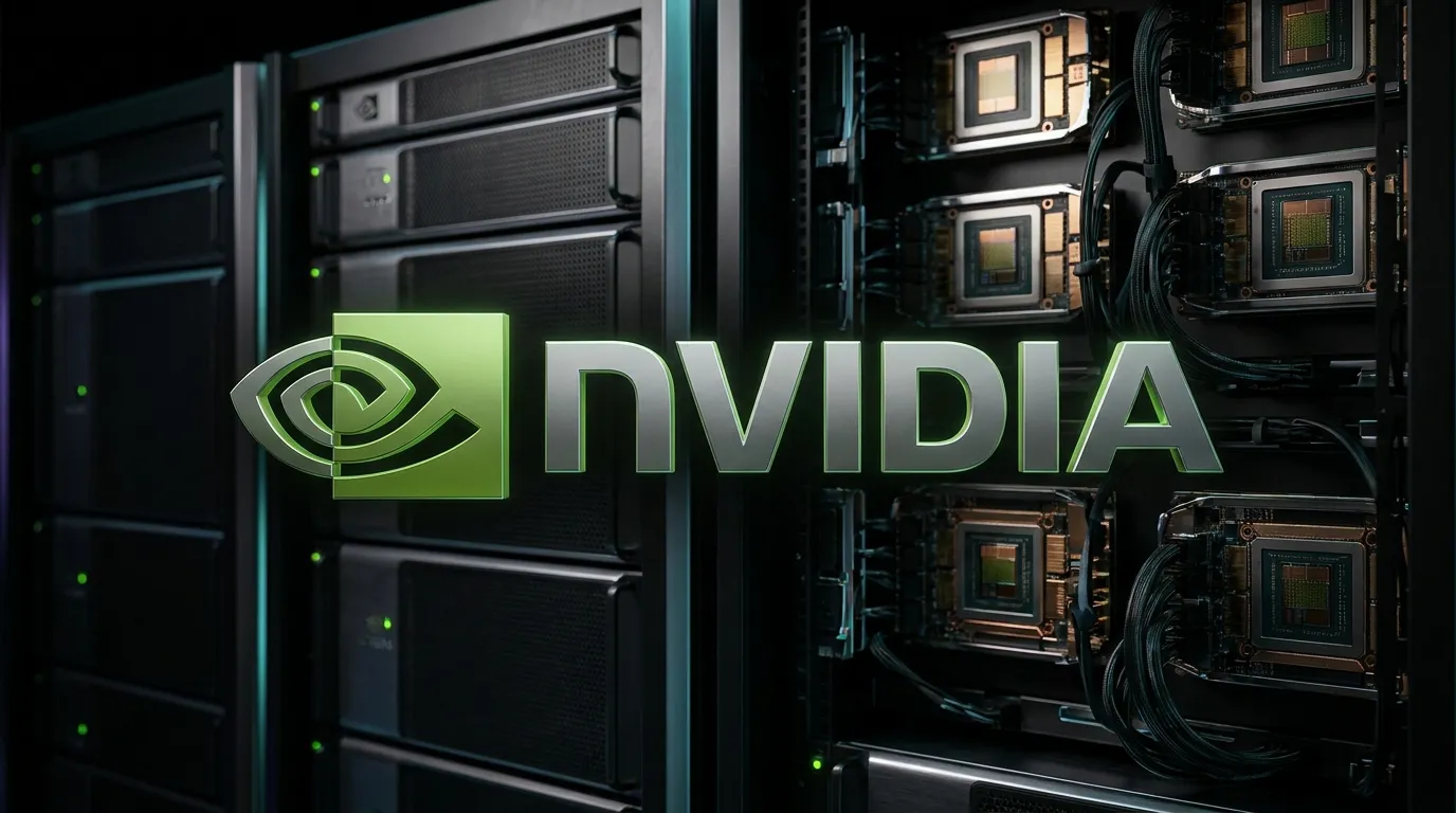 Logo NVIDIA en vert signature sur fond de rack data center Vera Rubin avec GPU et HBM visibles