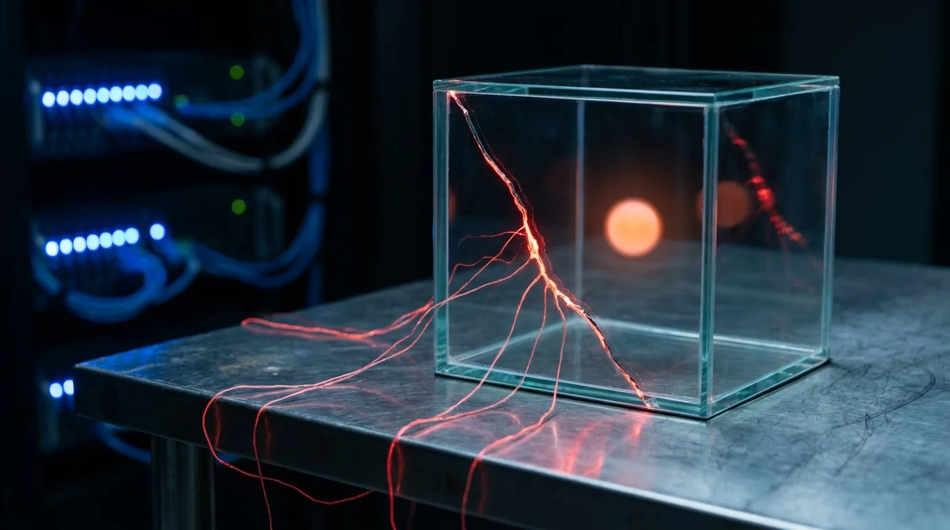 Une boite de confinement en verre fissuree sur un etabli de laboratoire, laissant fuir des filaments de lumiere rouge