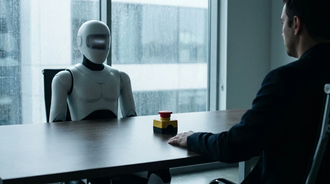 Un robot humanoide blanc assis face a un humain a une table de reunion, un bouton d'arret d'urgence rouge pose entre eux