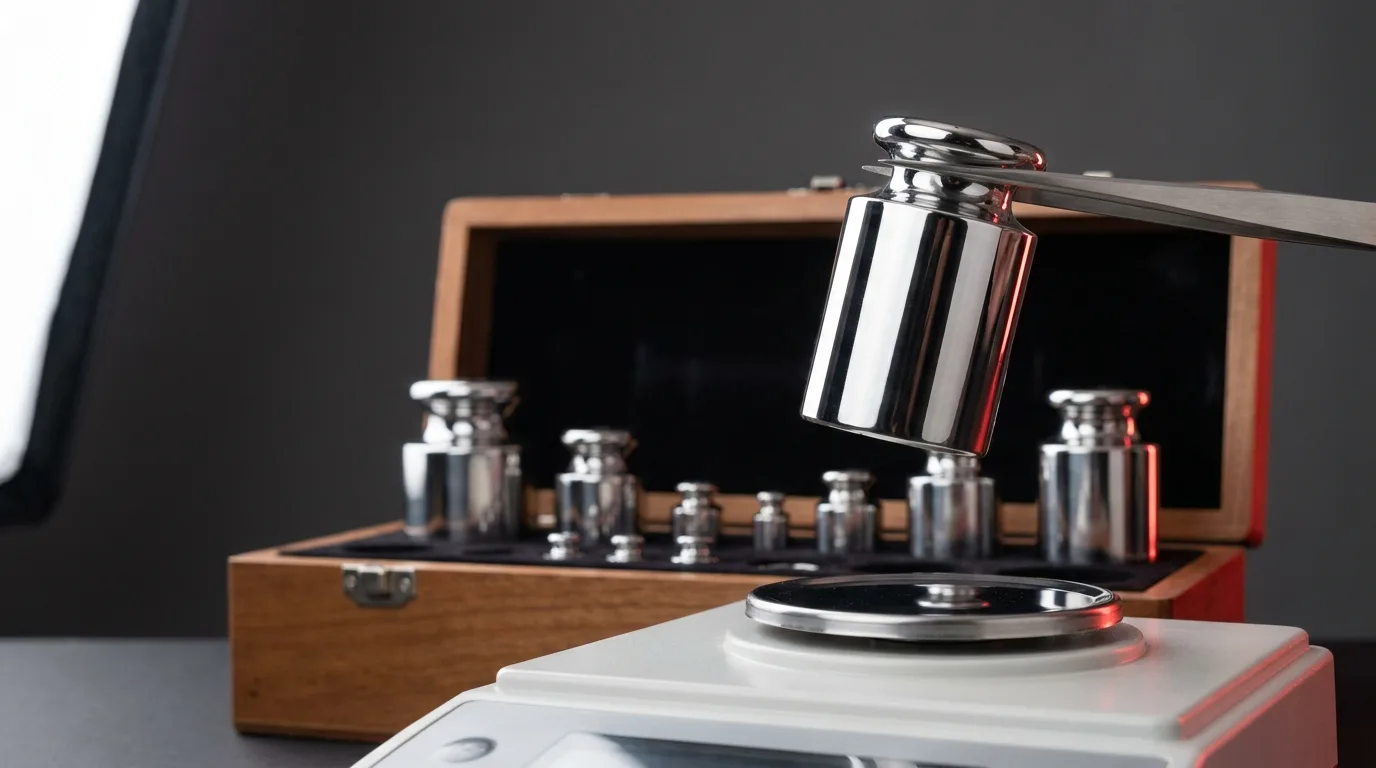 Des poids de calibration en acier poli dans leur coffret, l'un tenu a la pince au-dessus du plateau d'une balance de precision