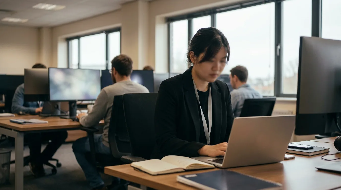 Un auditeur externe portant un badge visiteur travaille sur un ordinateur portable au milieu des ingenieurs d'un laboratoire d'IA
