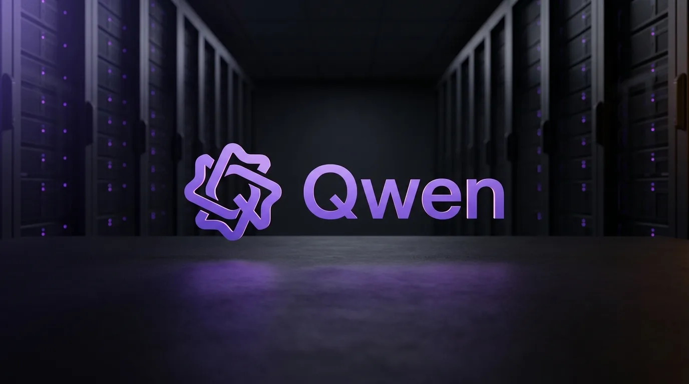Logo Qwen violet flottant dans une allee de baies de serveurs sombre
