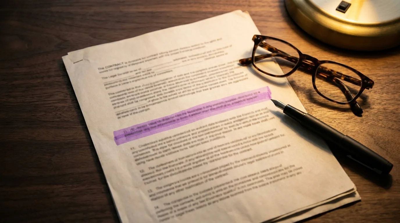 Un contrat imprime sur un bureau en bois sombre, une clause surlignee en violet, des lunettes et un stylo poses a cote