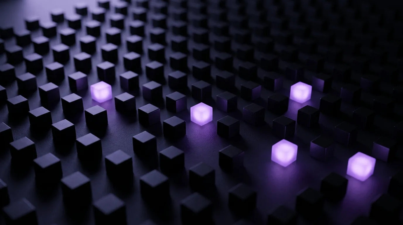 Une grille de centaines de cubes noirs dont seuls quelques-uns s'illuminent en violet, figurant l'activation clairsemee d'un modele Mixture of Experts