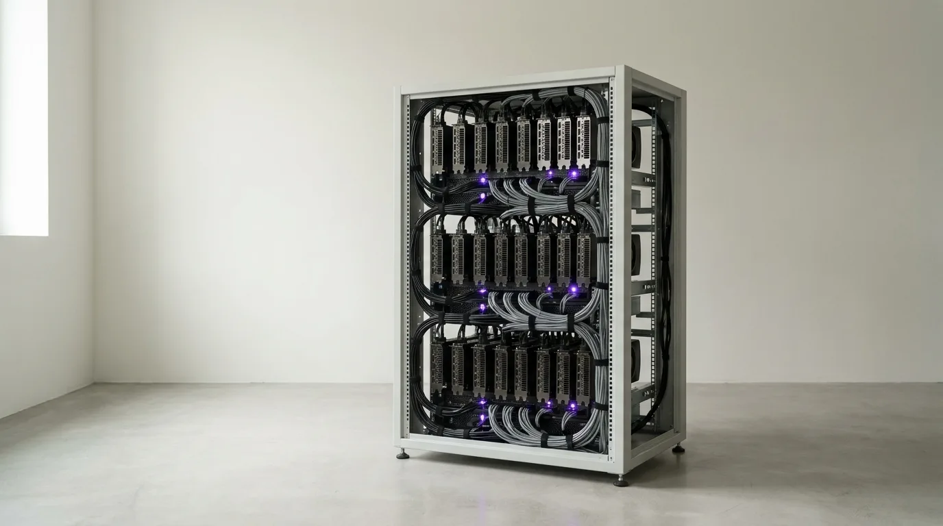 Une baie de serveurs GPU ouverte dans un local technique clair, avec quelques diodes violettes comme seule couleur saturee