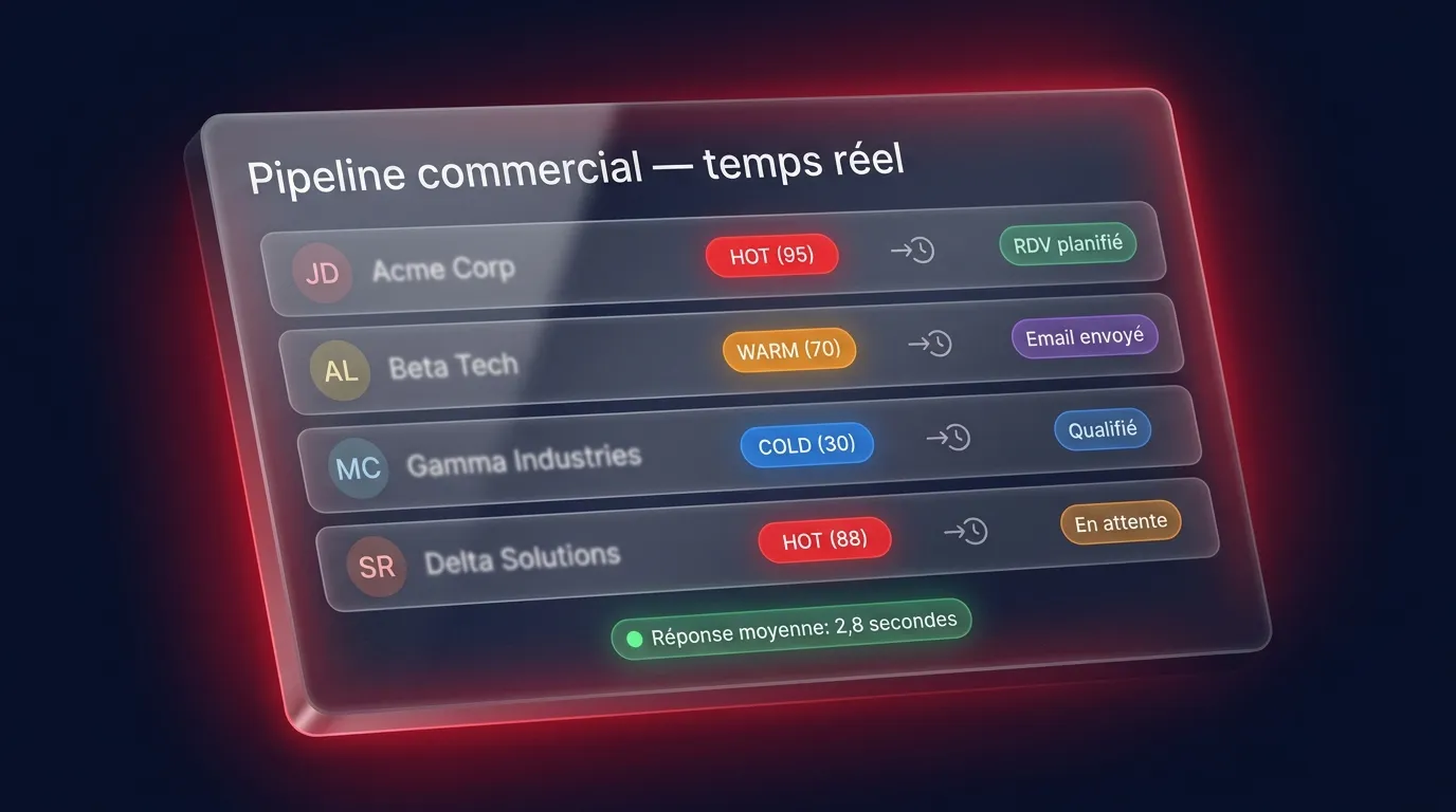 Pipeline commercial en temps réel avec scoring BANT et statuts par lead