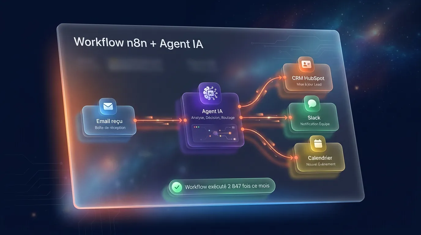 Workflow n8n connecté à un Agent IA central avec routage CRM, Slack et calendrier