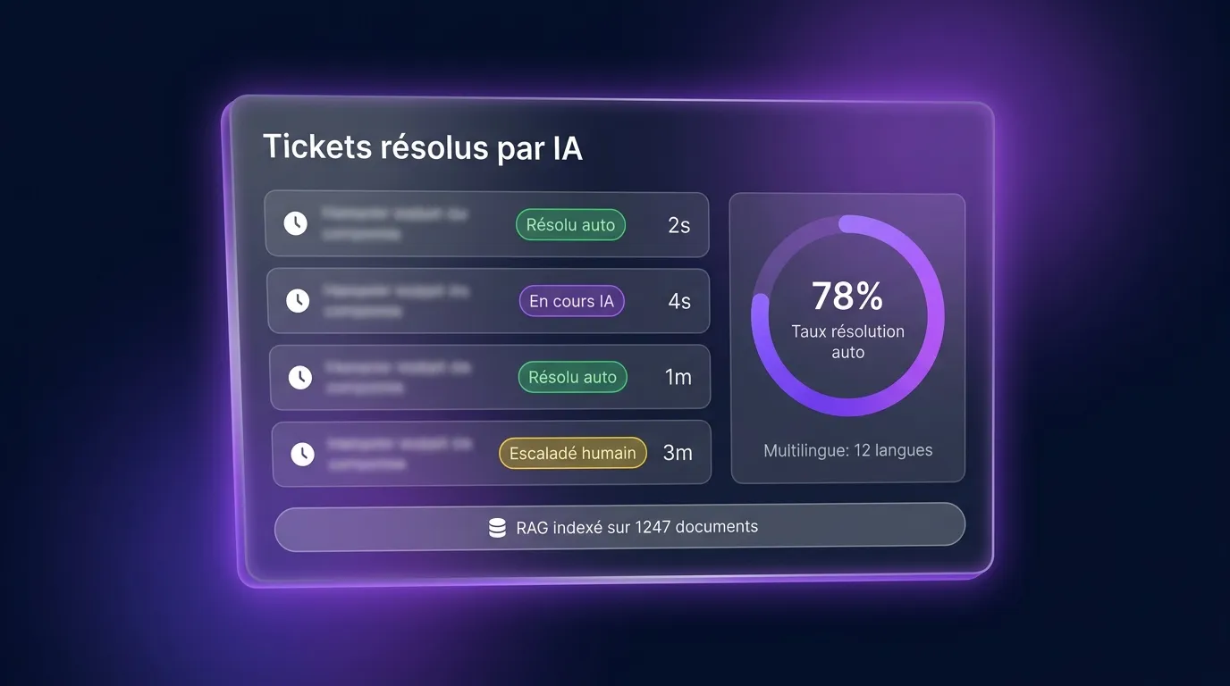 Tableau de bord tickets résolus par IA avec taux de résolution 78% et indexation RAG